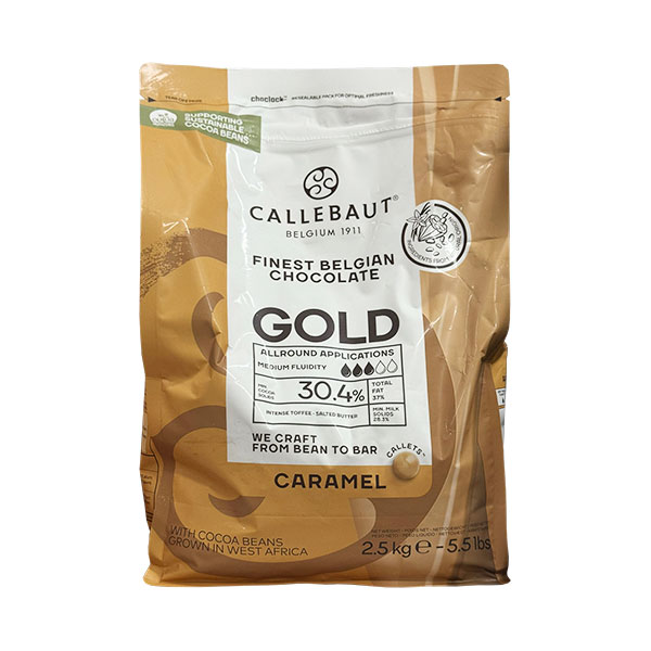 BARRY CALLEBAUT - Ciocolată Gold albă cu caramel - dropsuri, cacao 30,4% - 2,5kg
